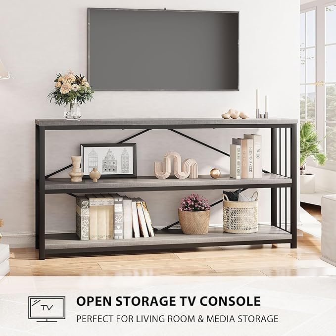 LVB Long Console Table with Storage, Farmhouse Rustic Skinny Entryway Table, Modern Wood Metal Hallway Sofa Table with Shelf, Industrial Narrow Couch Entry Table for Foyer Living Room, Light Grey, 63