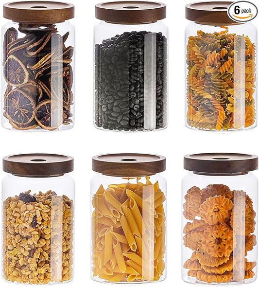 Kanwone Glass Storage Containers Set of 6, 28 Ounce Airtight Food Storage Containers with Bamboo lids, Clear Glass Jars for Pantry, kitchen, Flour, Sugar, Tea, Coffee, Snack, Cookies, Spice and Herbs