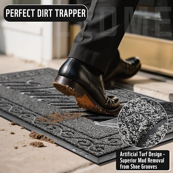 Yimobra Welcome Mat, Heavy Duty Sturdy Door Mats for Home Entrance Outdoor Indoor, Front Doormat for Outside Patio Floor Entry Porch Garage Office, Waterproof, Low Profile, 47X32 Inches, Black Grey