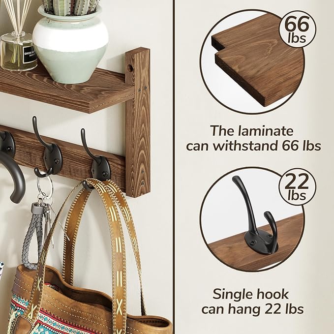 AMBIRD Wall Hooks with Shelf - Wooden Entryway Organizer with 5 Dual Hooks, Retro Wall-Mounted Coat Hook Rack for Bathroom, Living Room, Bedroom (17.12 Inch)