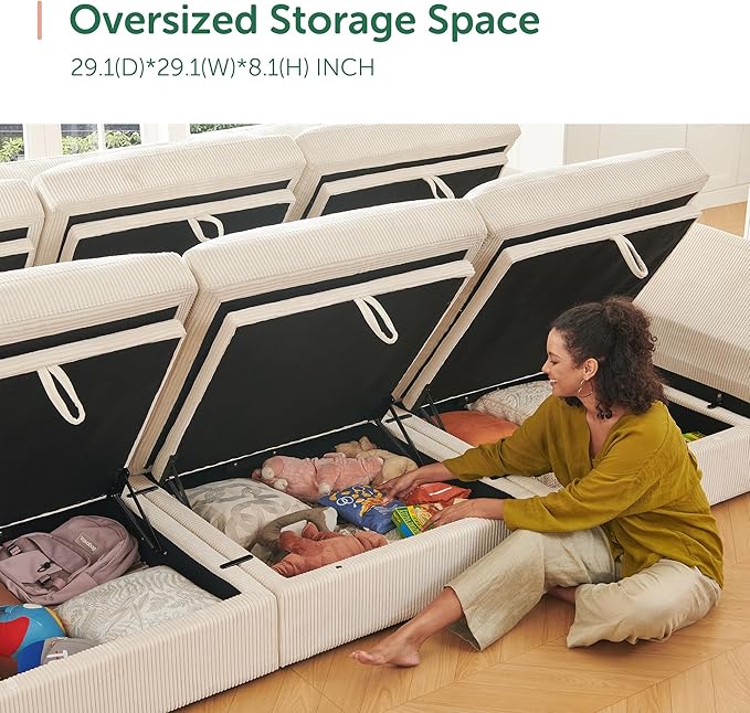 HONBAY Modular Sectional Sofa with Storage Corduroy U Shaped Sofa Modular Sectional Couches for Living Room,Beige