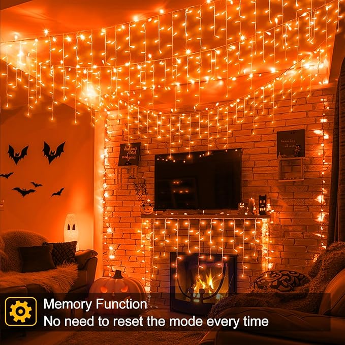 66ft Orange Halloween Lights Outdoor, 640LED Icicle Lights for Outside Indoor Twinkle Christmas Light with Connectable Clear Wire 8 Modes Timer Waterproof for House Party Tree Holiday Yard Patio Decor