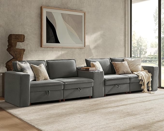 HULALA HOME 148" Modular Sectional Sofa with USB Port and Console, 4 Seater Sofa with Storage Ottoman, Oversized Sectional Couches for Living Room, FSC Certified, Grey