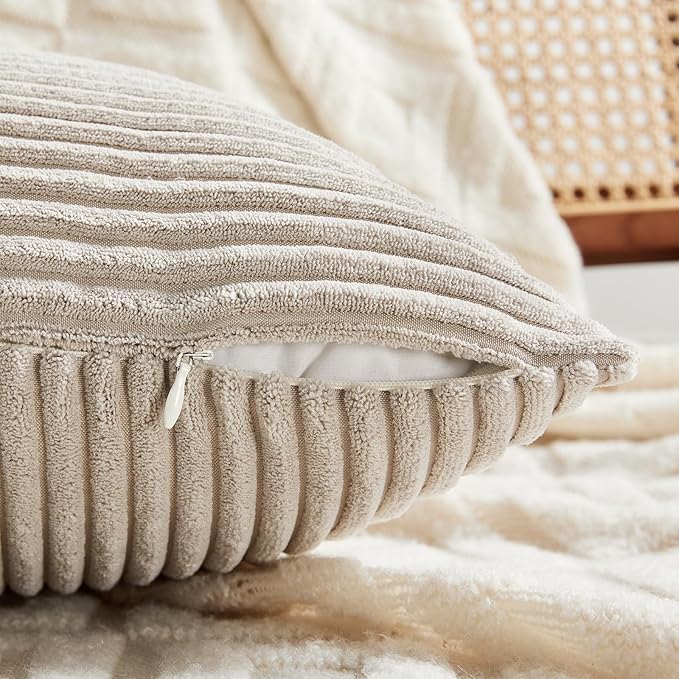 Fancy Homi 2 Packs Neutral Taupe Lumbar Decorative Throw Pillow Covers 14x24 Inch for Living Room Couch Bed Sofa, Farmhouse Home Decor, Soft Striped Corduroy Rectangle Accent Cushion Case 35x60 cm