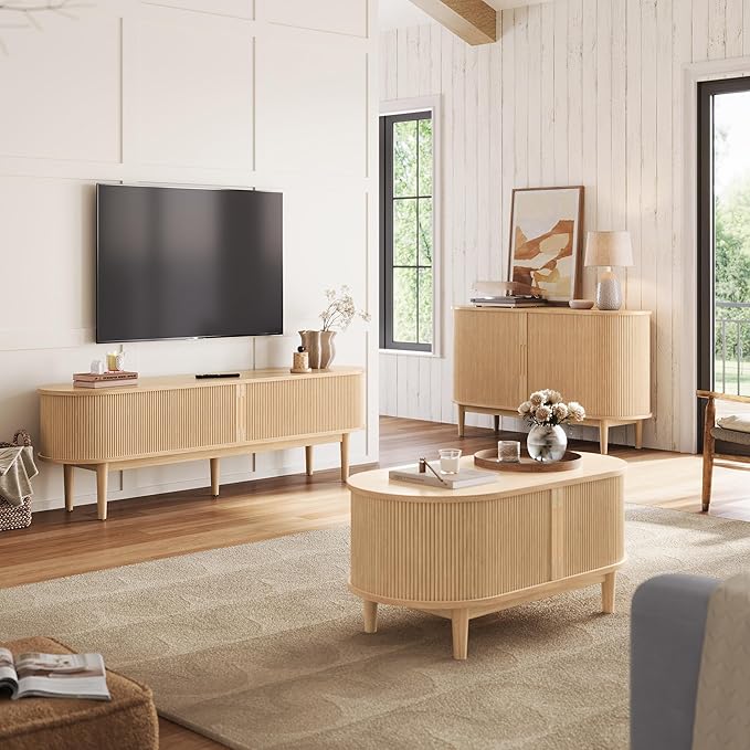 LINSY HOME Fluted TV Stand for 75" TV, Mid-Century Modern 70" Entertainment Center with Sliding Tambour Door and Storage Cabinet, Cruved TV Media Console Table for Living Room, Bedroom, Oak