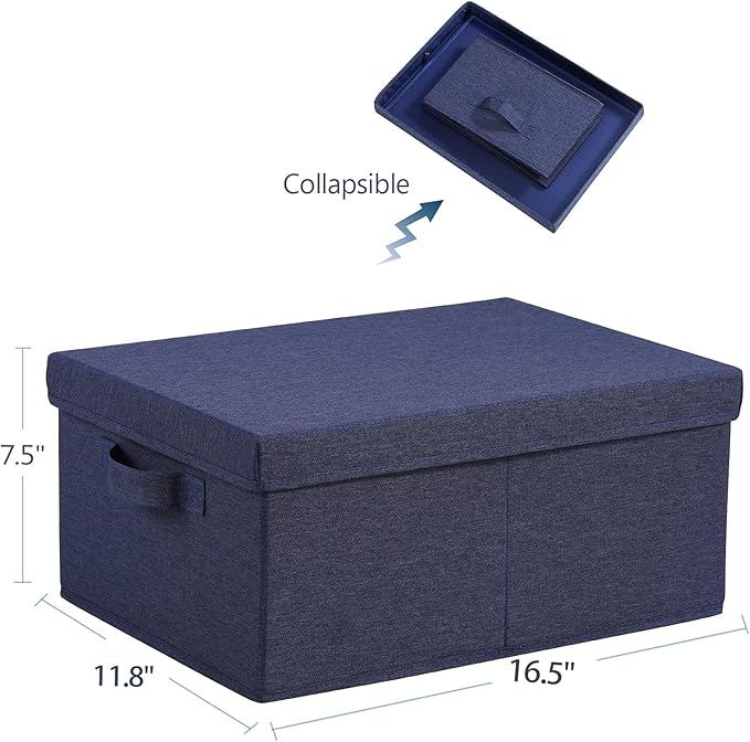 HOONEX Foldable Storage Bins with Lids, Pack of 2, Storage Boxes with 2 Carrying Handles and Heavy Cardboard, 16.5" L x 11.8" W x 7.5" H for Shoes, Clothes, Blue