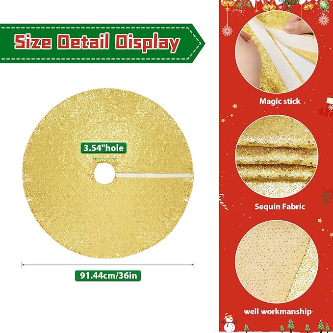 Eternal Beauty Christmas Tree Skirt, 36 Inch Gold Sequin Tree Skirt Small Xmas Tree Skirt for Christmas Tree Decorations