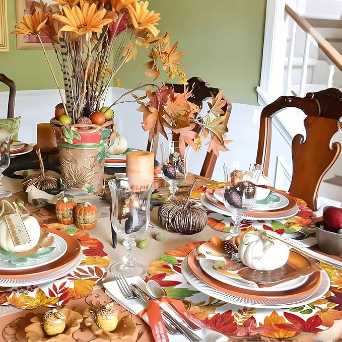 50Pcs Thanksgiving Fall Round Paper Placemats,13.4 Inch Autumn Maple Leaves Round Table Mats Fall Scalloped Disposable Placemats for Harvest Birthday Thanksgiving Party Supplies