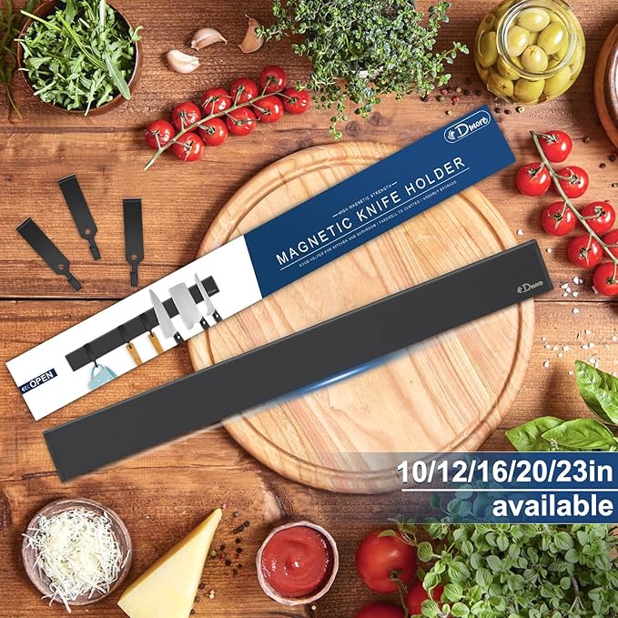 Dmore magnetic knife holder for wall—with 3 hooks, No Drilling 16 Inch black knife magnetic strip, Powerful knife magnet rack, include Adhesive Tape and screws for Knives, Utensils, and Tools