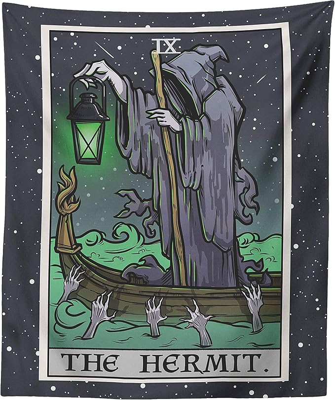 The Hermit Tarot Card Tapestry - Grim Reaper - Gothic Halloween Home Decor Wall Hanging (60" x 50")