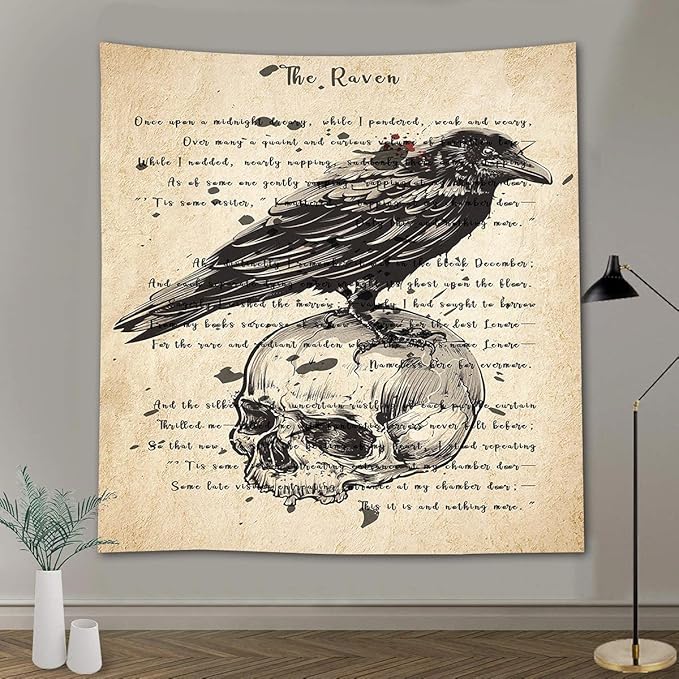 Gothic Skull and Raven Dictionary Tapestry The Raven Wall Tapestry Edgar Allan Poe Rustic Home Room Mural Posters 51x60 Inches for Living Room Bedroom Home Dorm GTQQAY1543