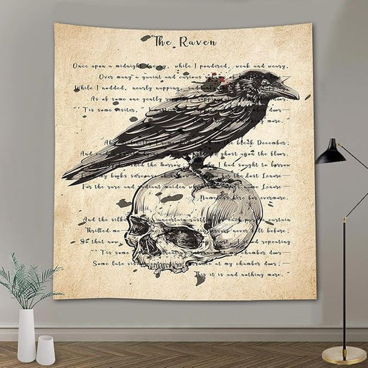 Gothic Skull and Raven Dictionary Tapestry The Raven Wall Tapestry Edgar Allan Poe Rustic Home Room Mural Posters 51x60 Inches for Living Room Bedroom Home Dorm GTQQAY1543