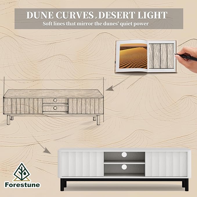 White Mid Century Modern TV Stand, Wood Fluted Living Room TV Stands with Storage Sliding Doors, Desert-Inspired Design MCM Entertainment Center for 55 60 65 70 75 55+ 60+ 65+ 70+ Inch