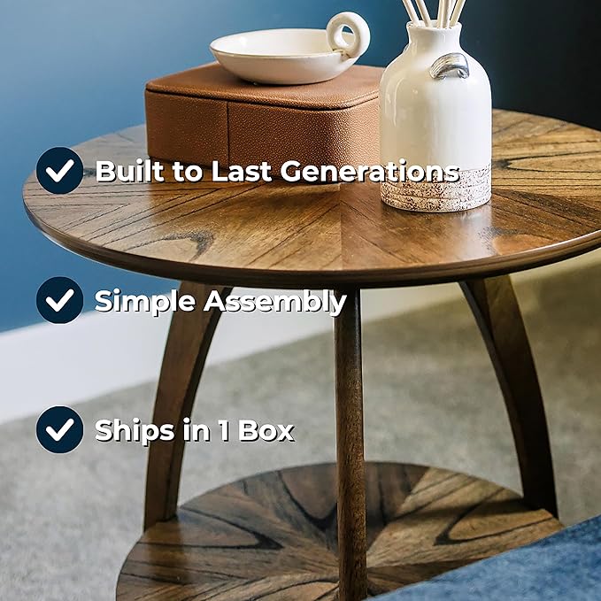 Martin Svensson Home Round Wood Nutmeg Brown Living Room End Side Accent Table Nightstand with Storage Shelf