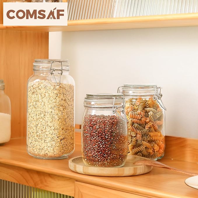 ComSaf Airtight Glass Canister Set of 3 with Lids 34oz Food Storage Jar Round - Storage Container with Clear Preserving Seal Wire Clip Fastening for Kitchen Canning Cereal,Pasta,Sugar,Beans,Spice