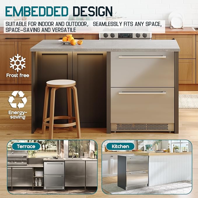 Albott 24 Inch Under Counter Drawer Fridge – Stainless Steel Beverage Refrigerator with Dual Drawers, LED Touch Control, Adjustable Storage, Frost-Free, Low Noise, 34-72℉, for Indoor or Outdoor Use