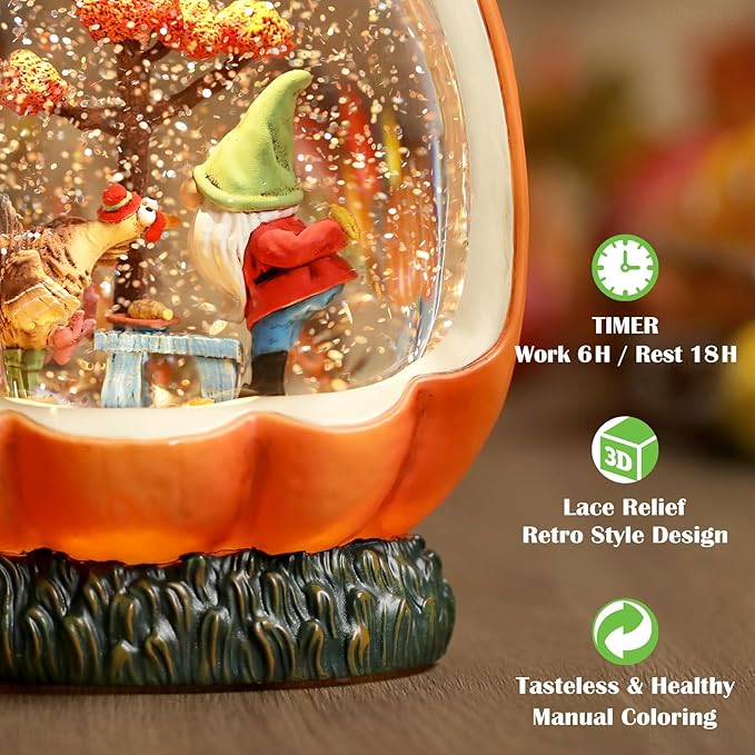 Fall Snow Globe Pumpkin Fall Decorations for Home Gnome Turkey Swirling Glitter Timer Thanksgiving Gift Autumn Harvest Fall Decor