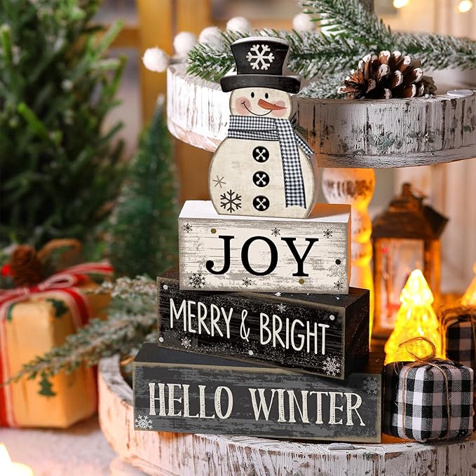 4 Pcs Snowman Christmas Decor Winter Table Decorations Christmas Tiered Tray Decor Winter Centerpiece Decorations Indoor Rustic Wooden Snowman Block Sign Gift Farmhouse for Home Kitchen