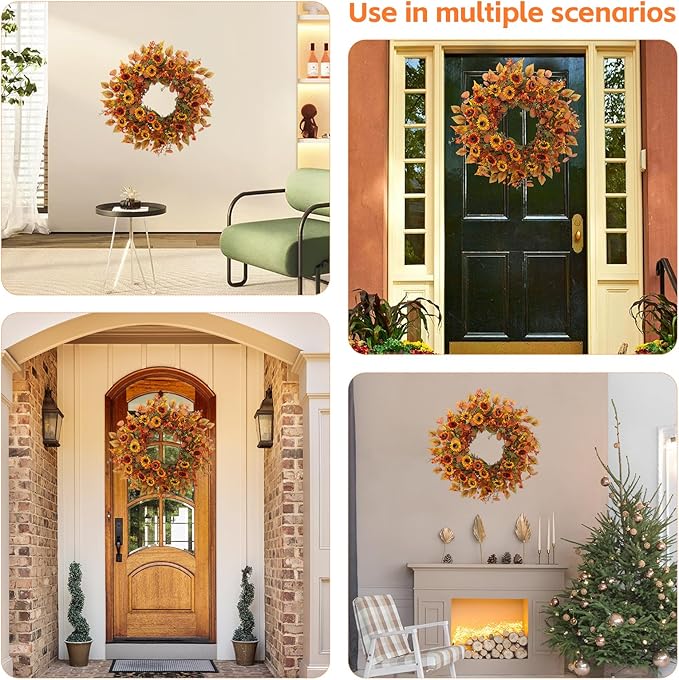 22 inch Artificial Fall Wreaths for Front Door,Autumn Wreath with Eucalyptus Leaves and Chrysanthemum Suitable for Indoor Outdoor Harvest Festival Thanksgiving Day Farmhouse Holiday Decor.