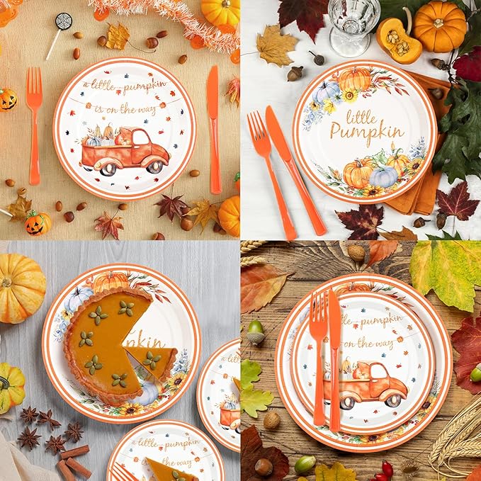 168 Pcs Little Pumpkin Plates and Napkins, Fall Baby Shower Plates and Napkins Sets Serves 24, Little Pumpkin Baby Shower Decorations Boy, Orange Blue Autumn Farm Thanksgiving