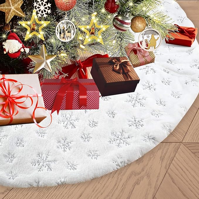 48inch White Christmas Tree Skirt Tree Carpet Blanket, Soft 4ft Xmas Christmas Tree Blanket with Silver Snowflake White Faux Fur Carpet for Christmas Holidays