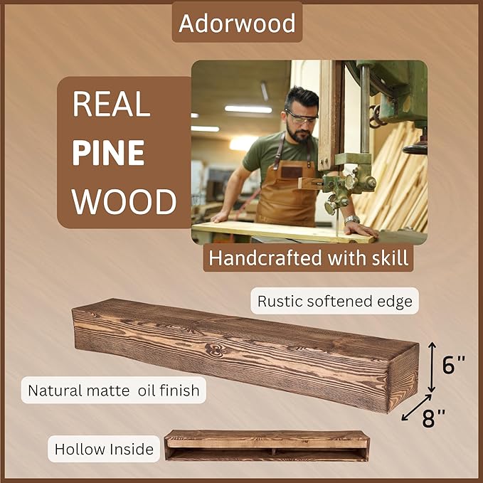 Handmade Fireplace Mantel Shelf 60", Extra Wide Rustic Wood Mantles for Over Fireplace, Wall Mounted Floating Mantel Shelves for Living Room Decor (Dark Rustic, 60Lx6Hx8D inches)