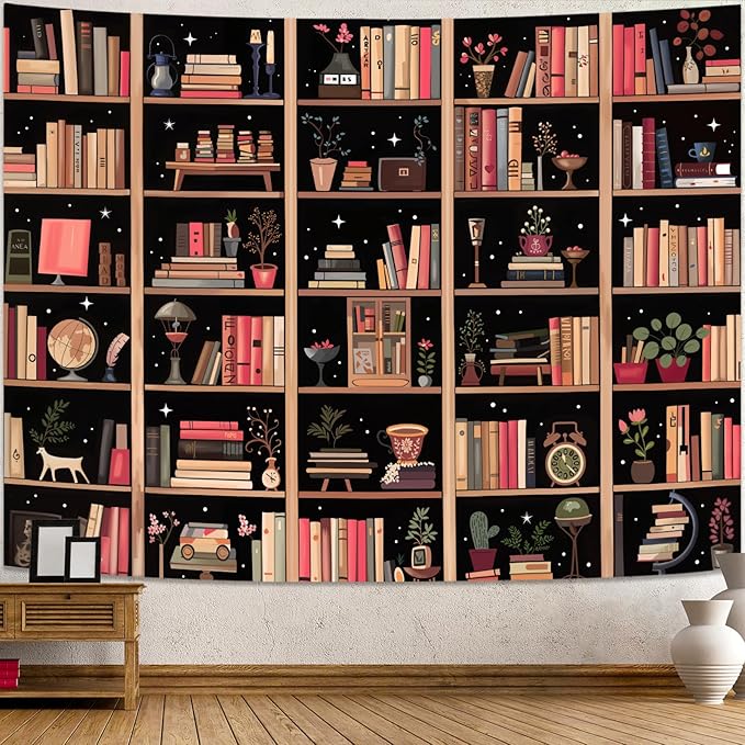 Accnicc Modern Bookshelf Tapestry Black Pink Orange Stylish Minimalist Book Shelf Tapestries Wall Hanging Art Dark Academics Library Book Tapestry for Bedroom Living Room Dorm 80 x 60 inch
