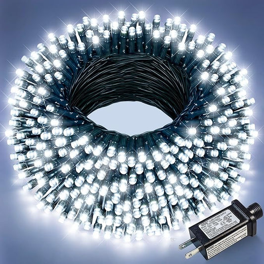 100FT 300 LED Christmas Lights Outdoor, White Christmas Tree Lights with 8 Modes Waterproof, Plug in Connectable String Twinkle Light Green Wire for Patio Yard Wedding Party Decorations
