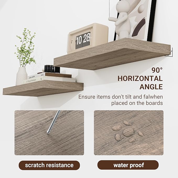 24 Inch Floating Shelves, 3D Textured Wood Grain, 24"x9.25"x1.5" Inch Deep Floating Shelves for Wall, Wooden Shelves for Bathroom, Bedroom, Living Room, Vintage Gray Oak