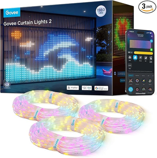 Govee Curtain Lights 2, Smart LED Curtain Light with DIY GIF AIGC, 1560 LEDs, RGBIC Color Changing Holiday Lights for Bedroom Window New Year Dynamic Decor, Outdoor IP65 Waterproof, 14.8×6.6ft