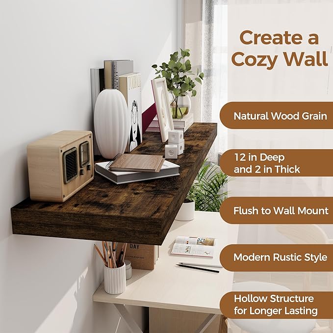 Floating Shelves 48 Inch Long, 12 Inch Deep Floating Shelves for Wall, 48 x 12 Large Wall Shelves for Home Storage & Display, 2" Thicked Floating Shelf for Bedroom, Living Room, Rustic Brown, 1 Pack