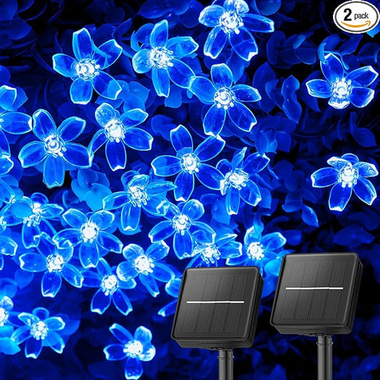 Brightown 2 Pack Total 52FT 120 LED Solar Flower String Lights for Outside Waterproof Fairy Lights for Garden Yard Fence Patio Christmas Tree Wedding Party Decor, Blue