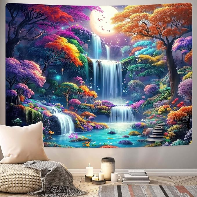GOAOK Fantasy Enchanted Forest Tapestry, Fairytale Wonderland Colorful Tree Waterfall Art Moon Magical Aesthetic Landscape Tapestry Wall Hanging for Bedroom College Dorm Room?60"X40"Inch