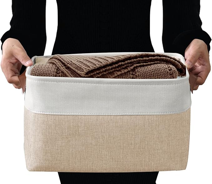 DECOMOMO Storage Baskets for Shelves - Fabric Closet Organizers and Storage Bins, Perfect Baskets for Organizing Closet Toys Nursery (Beige and White, XL - 3 Pack)