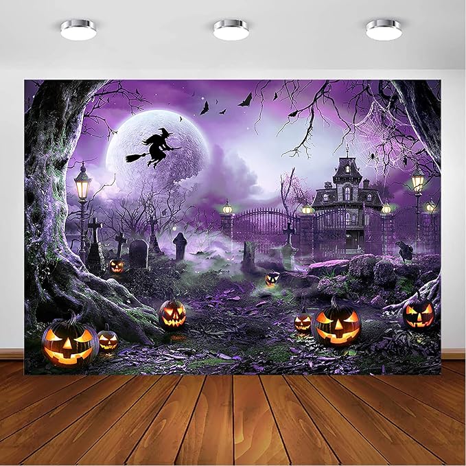Avezano Halloween Photography Backdrop Full Moon Scary Night Castle Pumpkins Party Background Spooky Witch Bats Cemetery Child Kids Halloween Party Decorations Photoshoot Backdrops (8x6ft, Purple)