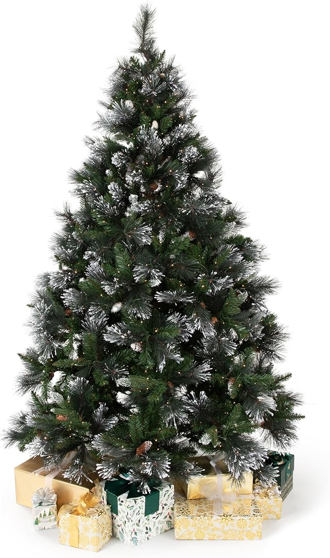 Papyrus Frosted 7 ft Pre-Lit Artificial Christmas Tree, Carolina Pine, Pine Cones, Warm White Lights, Includes Stand and Storage Bag