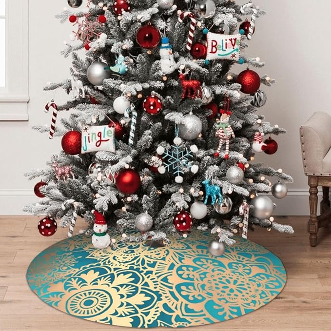 48" Large Christmas Tree Skirt, Elegant Teal Green Mandala Pattern Pattern Tree Mat Base Cover for Xmas Festive Holiday Party Decoration Ornaments