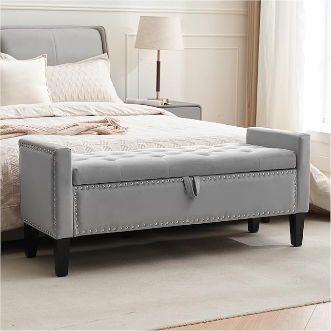 Storage Ottoman Bench, Velvet Upholstered Footstool for Bedroom and Living Room, Tufted Seat with Storage, Wooden Legs & Metal Rivets, Grey