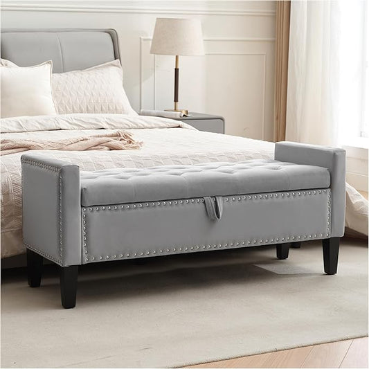 Storage Ottoman Bench, Velvet Upholstered Footstool for Bedroom and Living Room, Tufted Seat with Storage, Wooden Legs & Metal Rivets, Grey