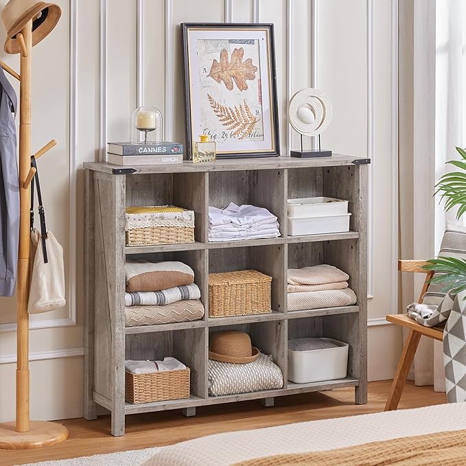 9 Cube Bookcase, Farmhouse 47 Inch Wide Grey Oak Bookshelf, Wooden 3 Tier Display Large Open Book Shelf, Vintage Horizontal Book Case for Home Office, Cubby Storage Cabinet for Living Room