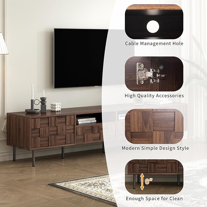 Modern TV Stand for TVs up to 85", Mid-Century Media Console with Checkered Cabinet Doors, Storage Drawers & Open Shelves, Wood Entertainment Center with Metal Legs