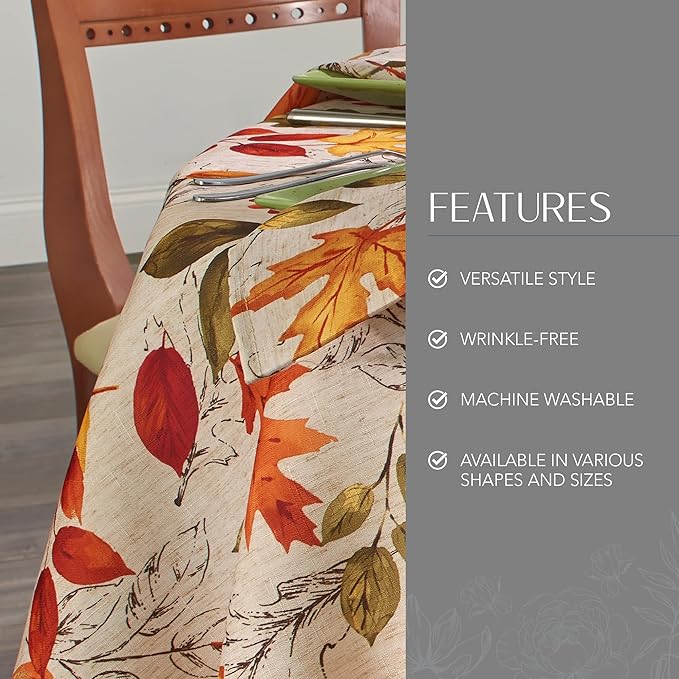 Elrene Home Fashions Autumn Leaves Fall Printed Wrinkle Resistant Tablecloth, Holiday Table Cover for Formal or Everyday Use, 70" Round