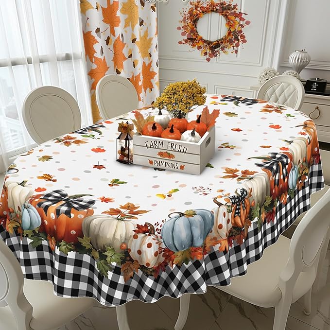Fall Pumpkin Tablecloth Thanksgiving Autumn Buffalo Plaid Table Cloth 60"x84", Waterproof and Reusable Table Cover for Fall Harvest Party Decoration