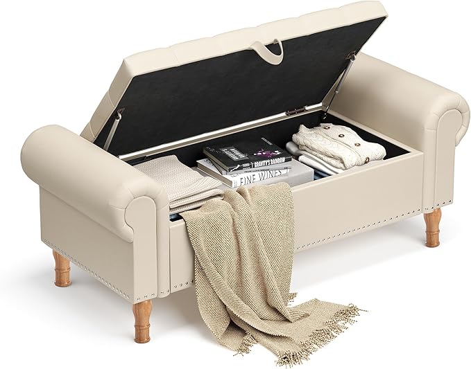 Storage Ottoman Bench for Bedroom, 51" Upholstered Bench with Rolled Arms and Vintage Rivets for Living Room, Full & Queen Leather Storage Bench with Button for Entryway, Beige+Nature Legs