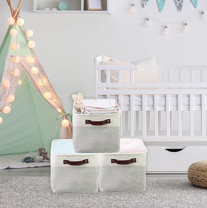 SIMPLE HOUSEWARE Large Fabric Storage Bin, 15" x 11" with Leather Like Handles, 3 Pack, Gray