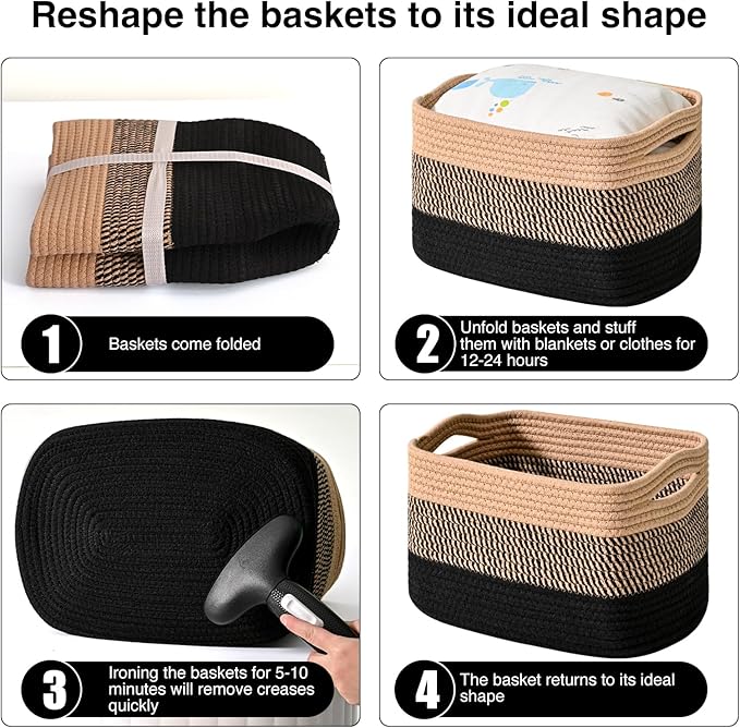 Storage Baskets for Organizing Shelves, Decorative Baskets for Storage, Woven Cotton Rope Basket for Living Room Bedroom Nursery, 15"x11"x9.5", 3 Packs, Gradient Black & Jute