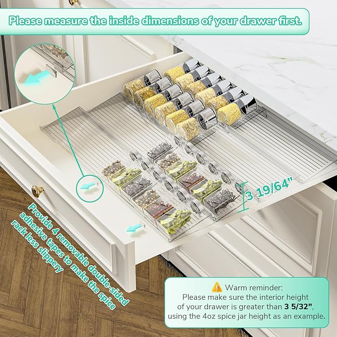 AMBIRD Spice Drawer Organizer, 4 Tier-2 Set Clear Spice Rack Tray Expandable From 11'' to 22'', Seasoning Organizer with non-slip tape for Kitchen, Cabinet, Drawers, Countertop(JARS NOT INCLUDED)