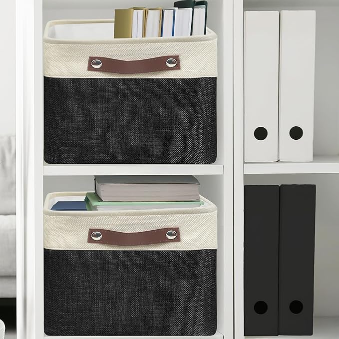 SIMPLE HOUSEWARE Large Fabric Storage Bin, 15" x 11" with Leather Like Handles, 3 Pack, Black