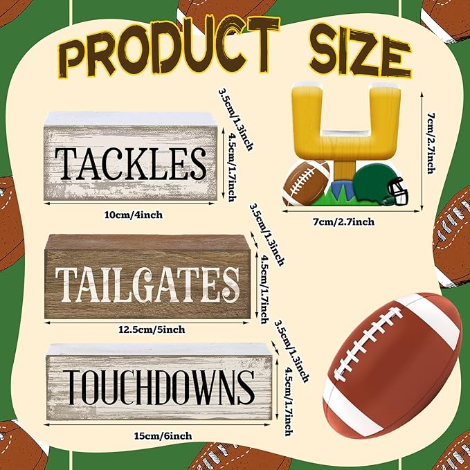 4 Pcs Football Table Decorations Football Tiered Tray Decor Sport Game Centerpiece Sign Decorative Rugby Stack Block Gift for Fans Club Tailgate Birthday Party Table Shelf Fireplace Decor