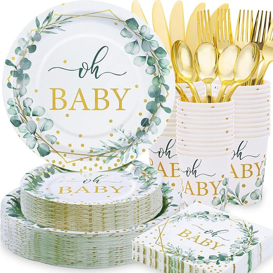 350 Pcs Sage Green Baby Shower Decorations, Baby Shower Plates and Cups and Napkins Sets Serves 50, Oh Baby Plates with Gold Dots for Boho Baby Girl Boy Neutral